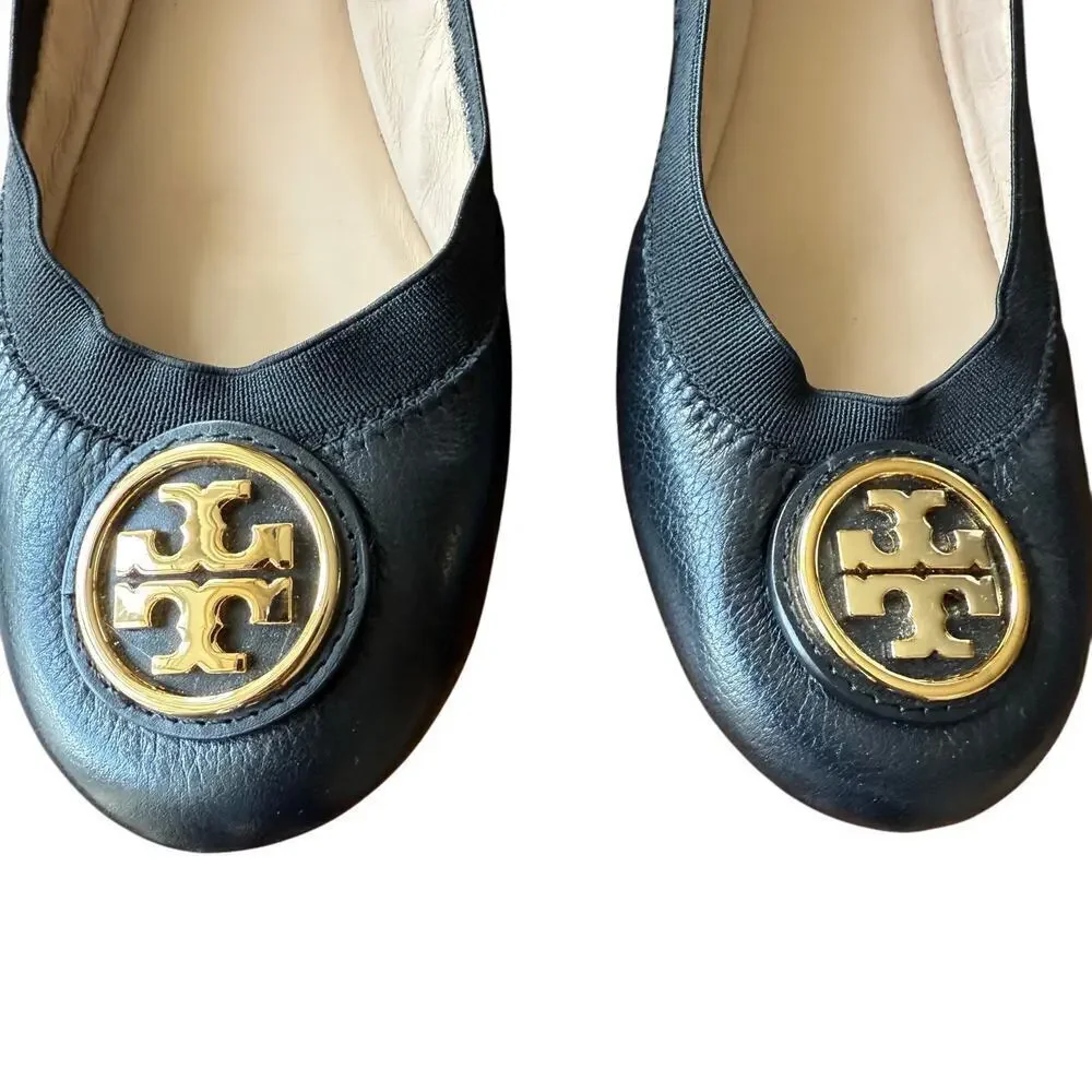 Tory Burch Claire Elastic Ballet Flats Shoes Perfect Black Gold Size 5.5 Comfort